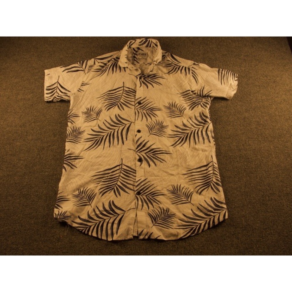 ZARA Mens Tropical Leaf Print Short Sleeve Button‎ Up Shirt XL Navy White #1916